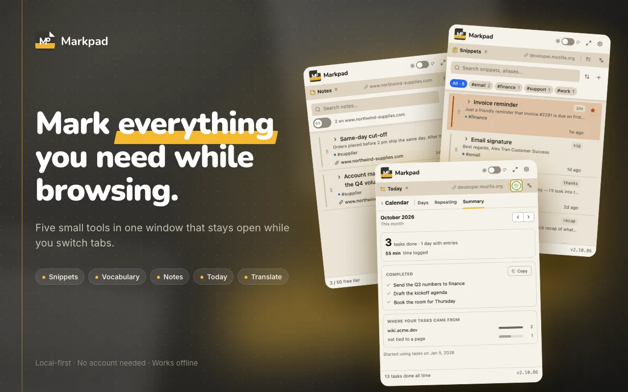 Markpad's window open over a web page, showing snippets, vocabulary, notes and the daily to-do list.